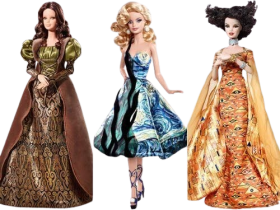 Van Gogh, Klimt, and Da Vinci Barbie Dolls