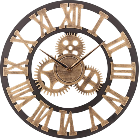 Wall Clock Wood 45 cm Gold Gears Industrial Silent Vintage